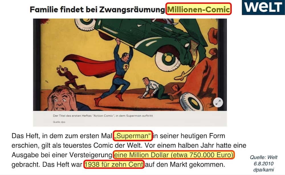 Die Erstausgabe des Comics “Superman” wurde für 1 Millionen USD versteigert. - Artikel in der Welt