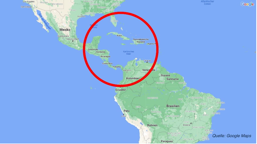 Karte Mittelamerikas mit rotem Kreis, der Panama genau kennzeichnet